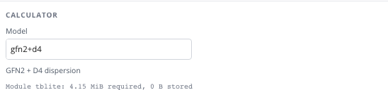 Calculator section cropped to Model, its selected description, and the required module status