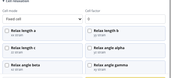 Expanded Cell relaxation controls cropped to the mode, cell factor, and six strain-component choices