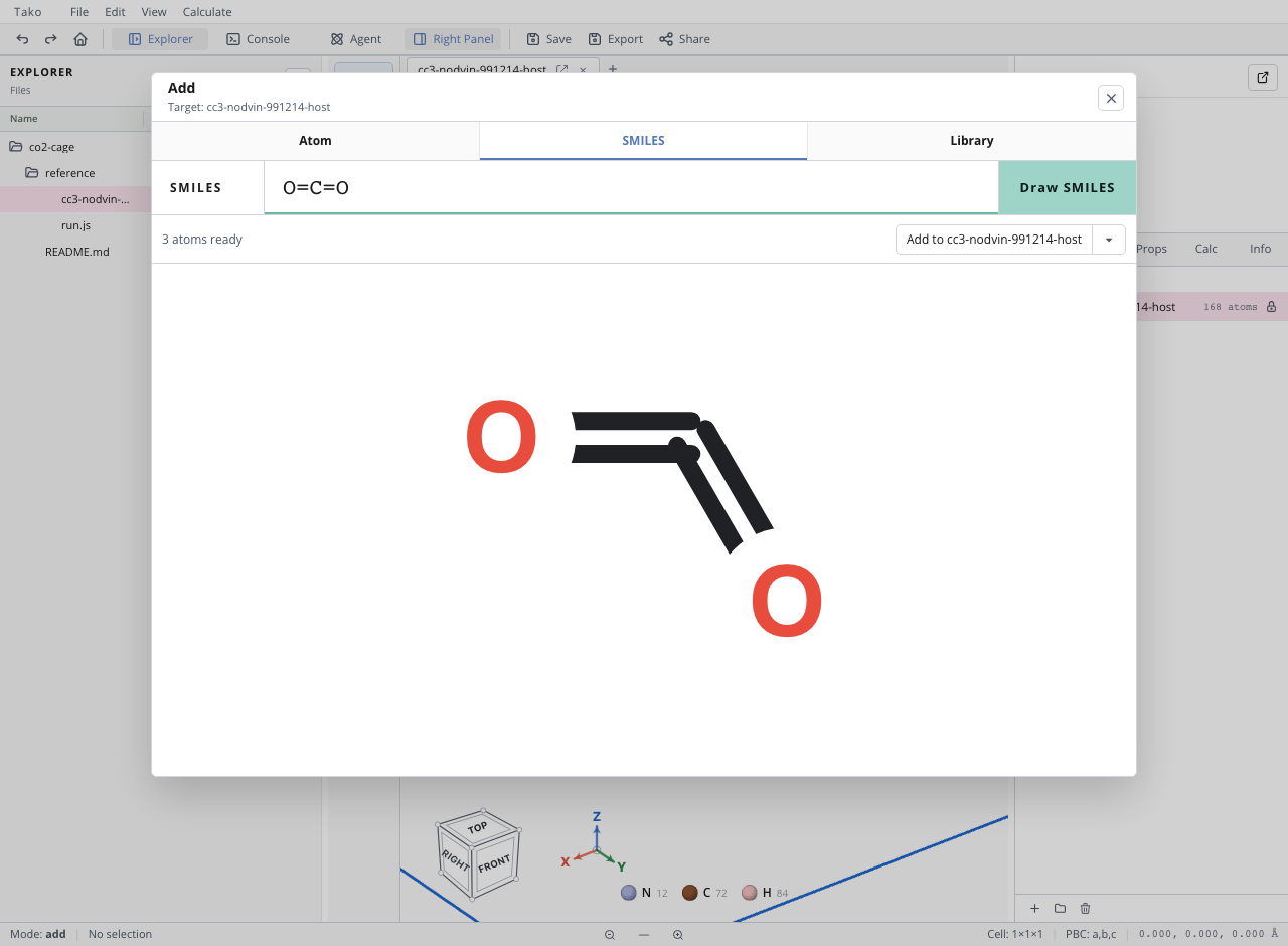 Tako's Add tool on the SMILES tab with "O=C=O" entered and a live carbon-dioxide preview rendered, ready to add to a layer.