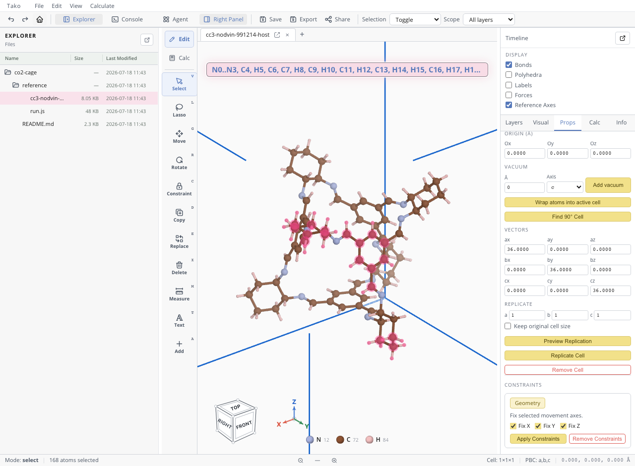 The CC3 cage atoms selected with Fix X, Fix Y, and Fix Z checked in the Constraints panel and the Apply Constraints button ready, freezing the host so only the guest can move.