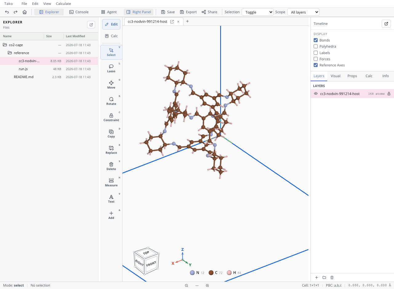 The CC3 host cage open in Tako after File > Open: a hollow, roughly tetrahedral C72H84N12 shell in the viewport, with the Layers panel on the right showing one structure layer.