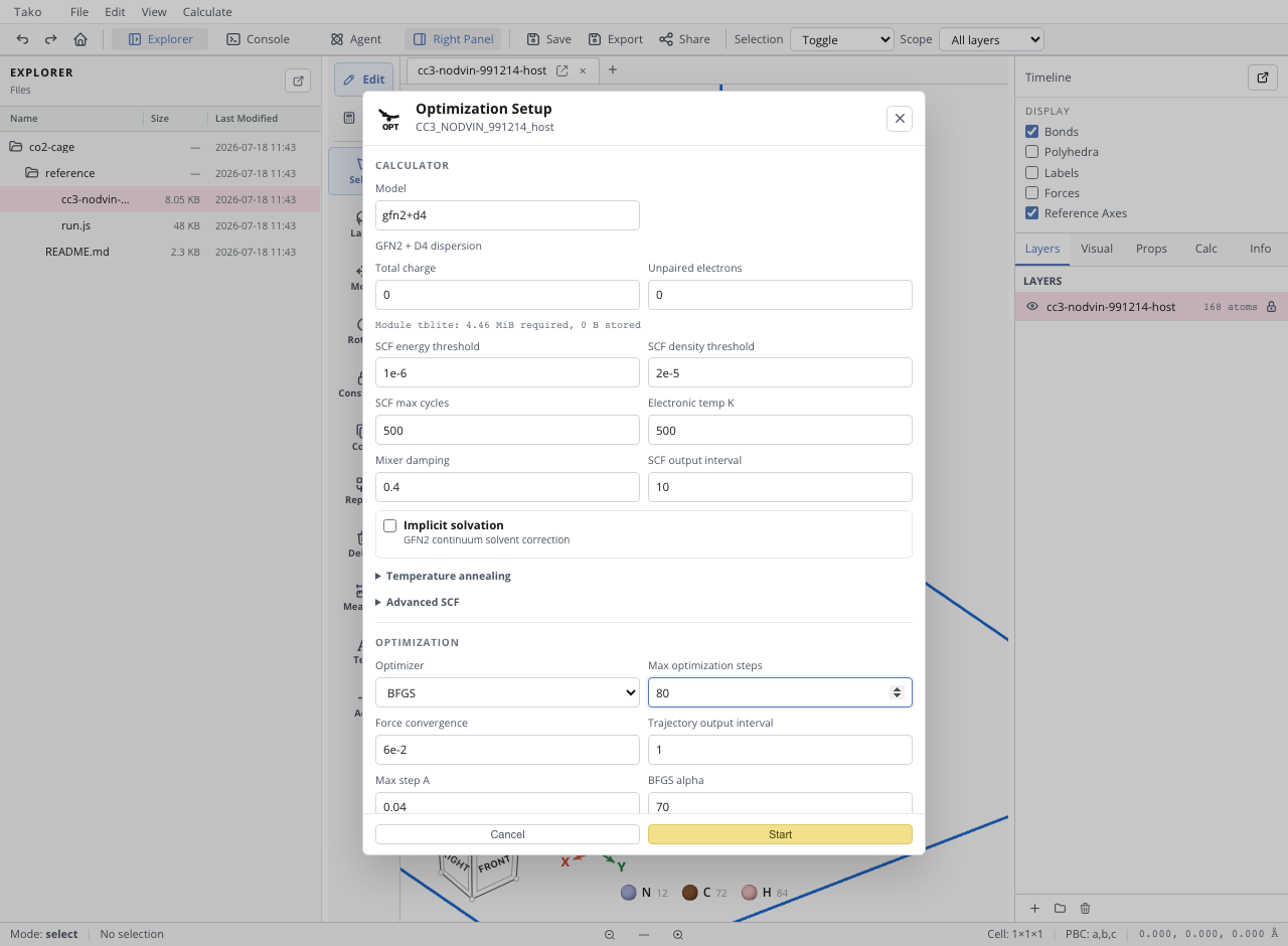 The Optimization Setup dialog in Tako with GFN2-xTB and D4 selected separately, alongside the SCF and optimizer fields for a GFN2-D4 geometry optimization.
