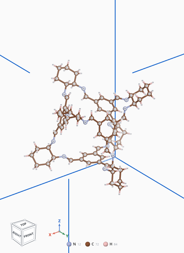 The CO2 guest at the center of the GFN2-D4 CC3 cavity in Tako's viewport — one orientation at one site, not a sampled pose ensemble.