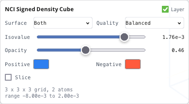 Cube layer surface controls for a signed NCI field, including polarity, quality, isovalue, opacity, colors, dimensions, atoms, and range