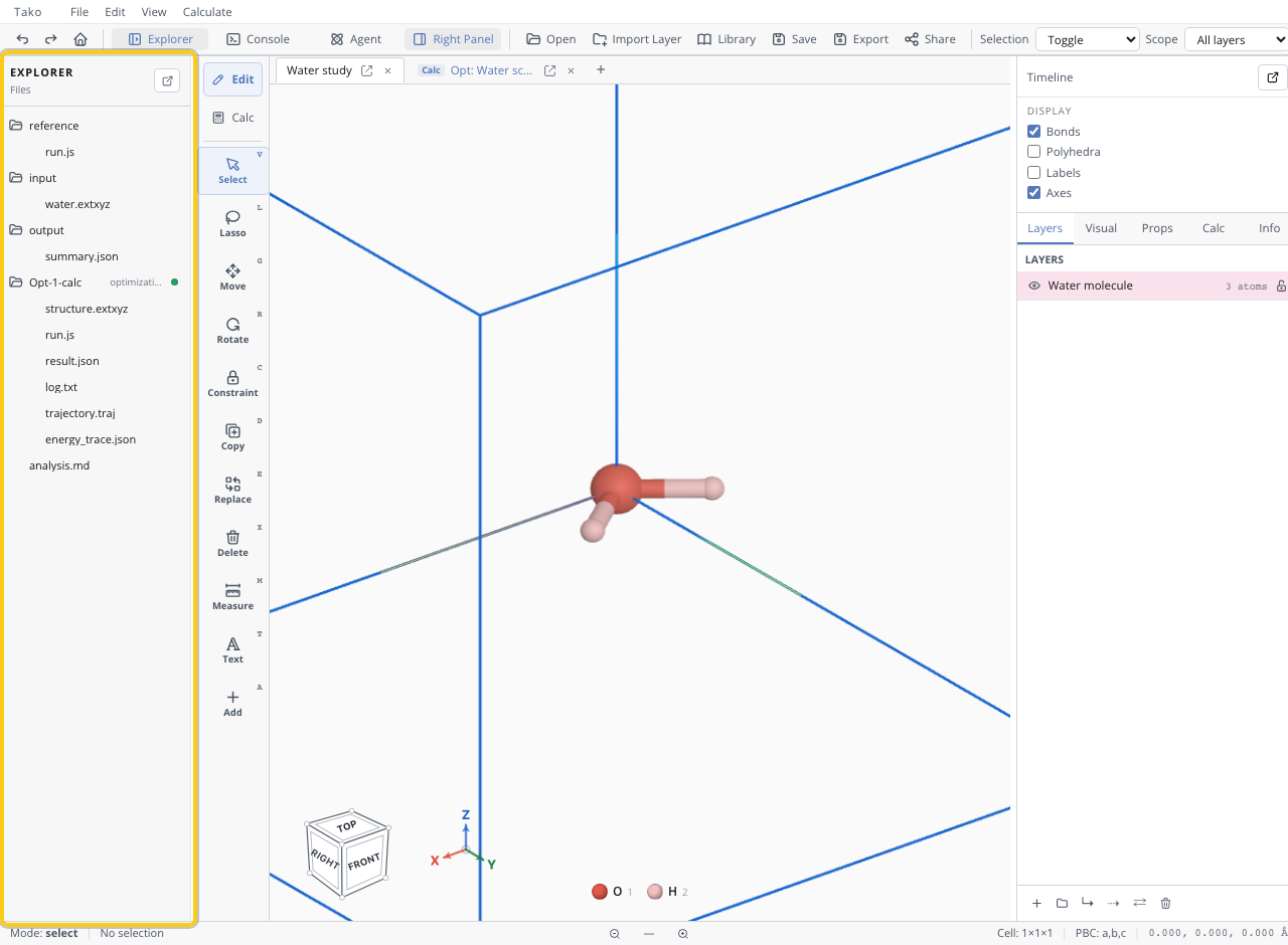 Explorer panel showing the workspace file tree where imported structures and calculation folders appear