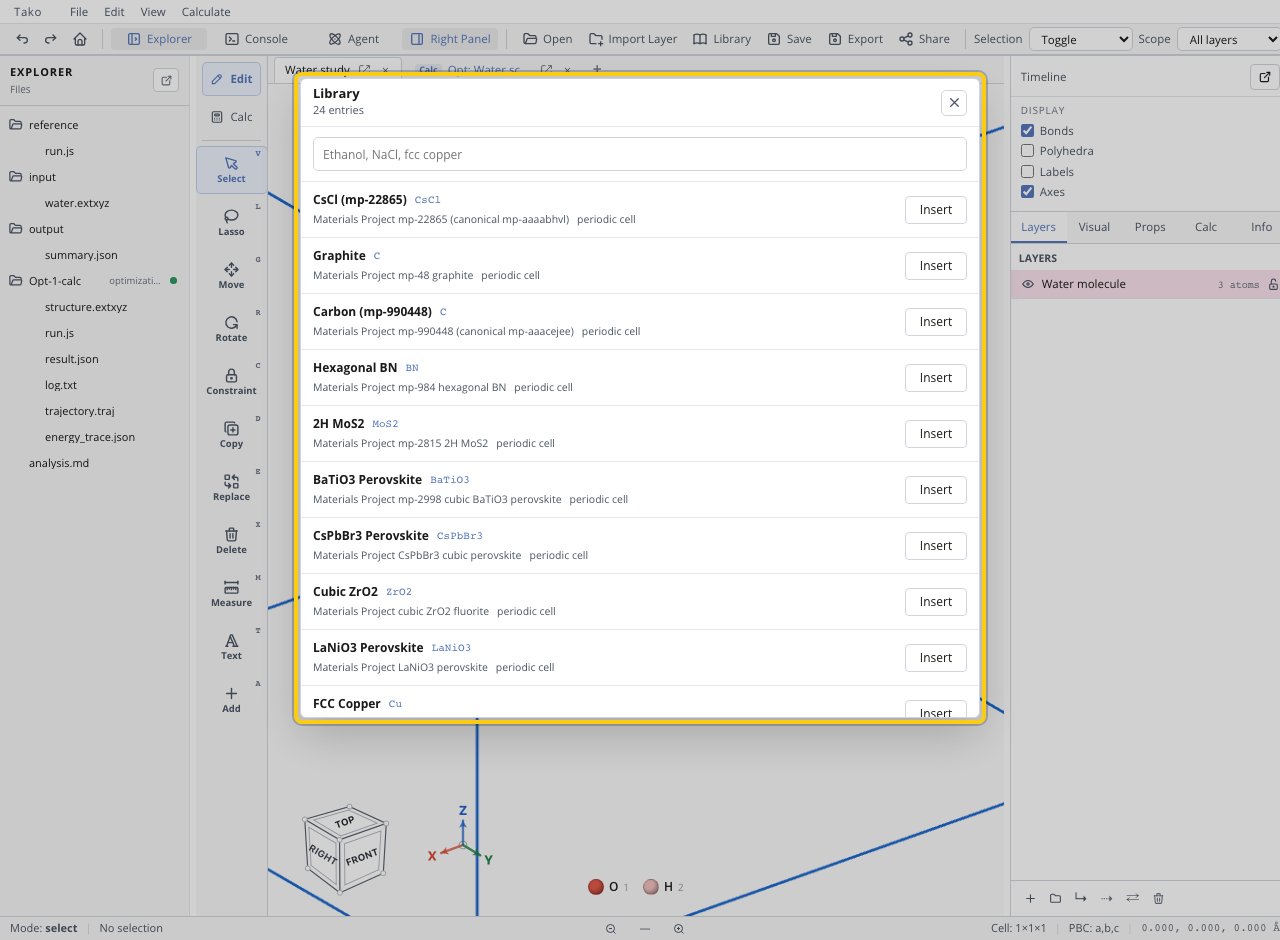 Library dialog with searchable molecular and crystal entries and an Insert action