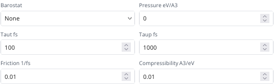 MD cell and coupling controls showing barostat, pressure, thermostat and barostat timescales, friction, and compressibility