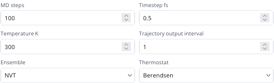 MD integration controls showing steps, timestep, temperature, trajectory interval, ensemble, and thermostat