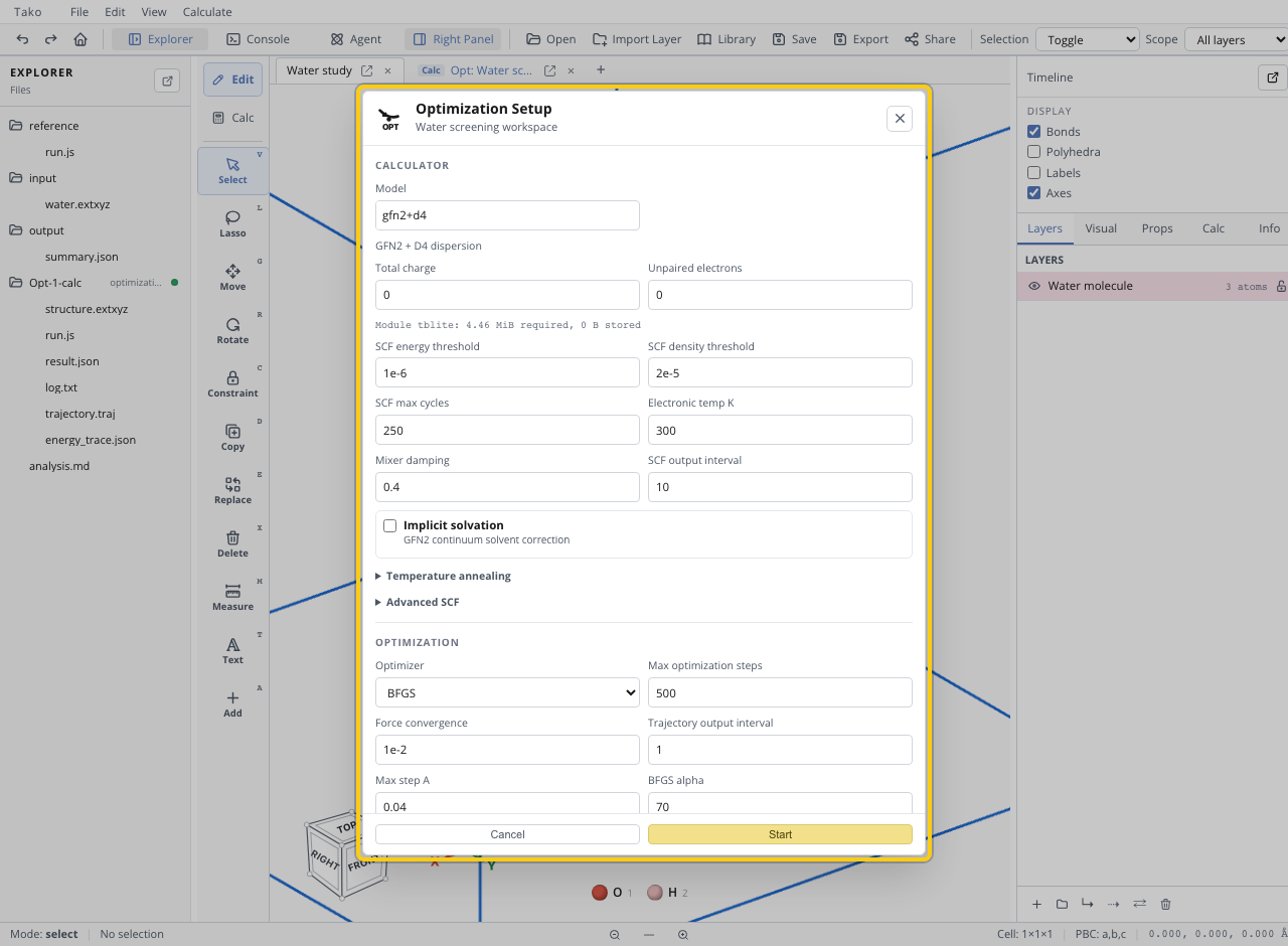 Optimization setup with GFN2+D4 selected