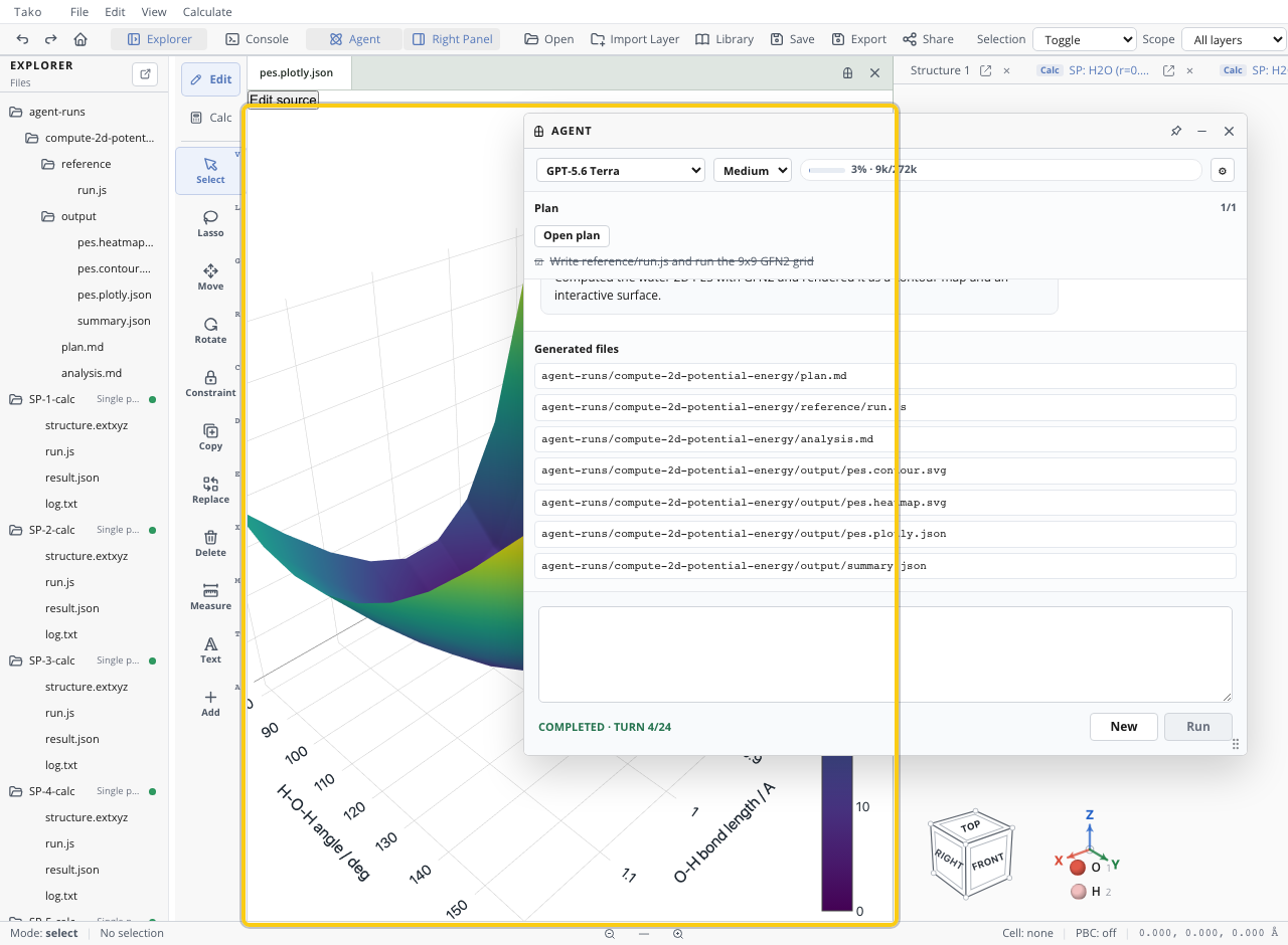 Interactive Plotly surface of water's stretch–bend energy landscape: a single smooth basin over the O–H distance and H–O–H angle axes, rising toward the compressed-bond, extreme-angle corners. Relative energy in kcal/mol, zero at the grid minimum.