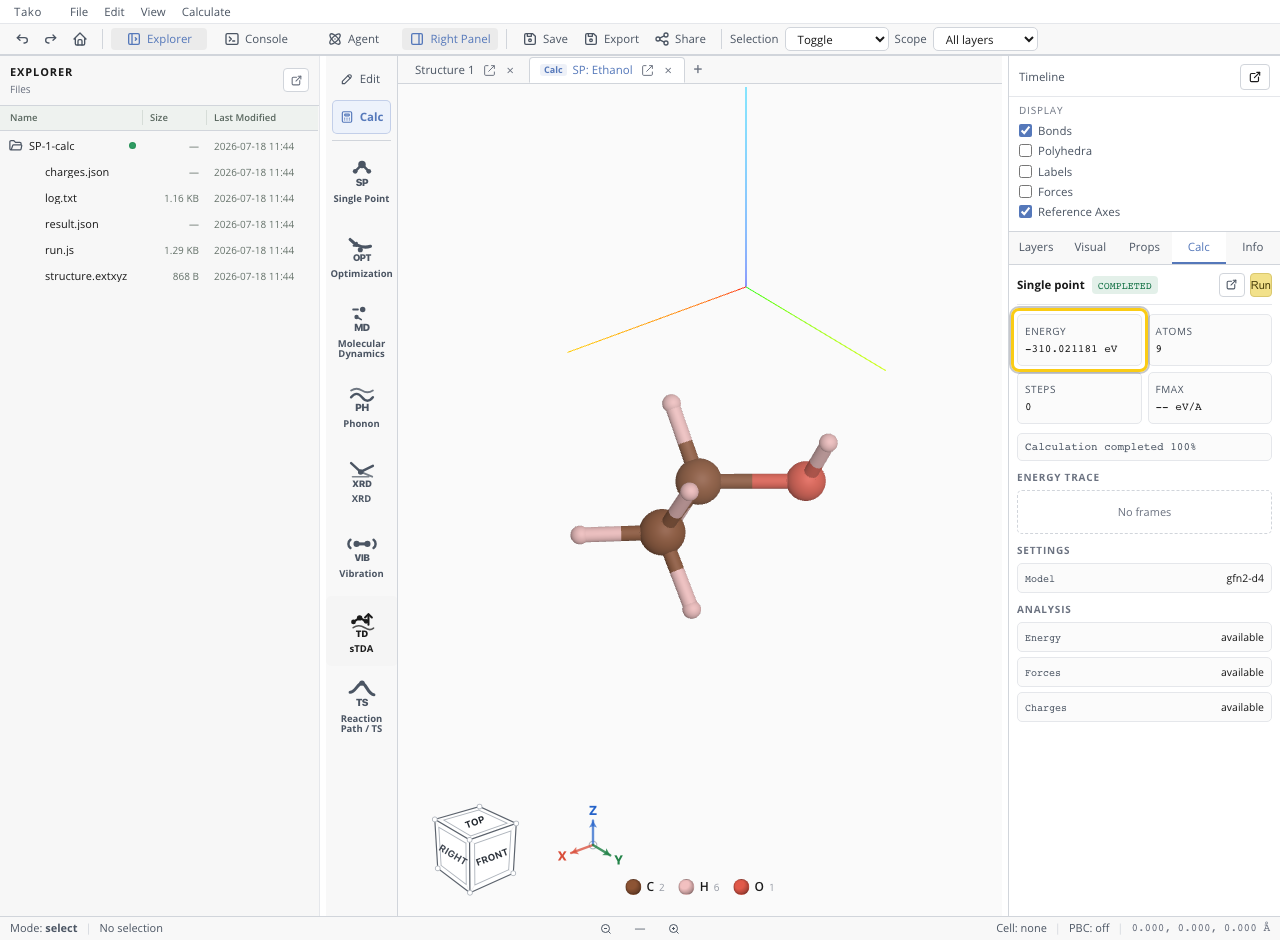 Completed ethanol single-point result with energy and Charges available