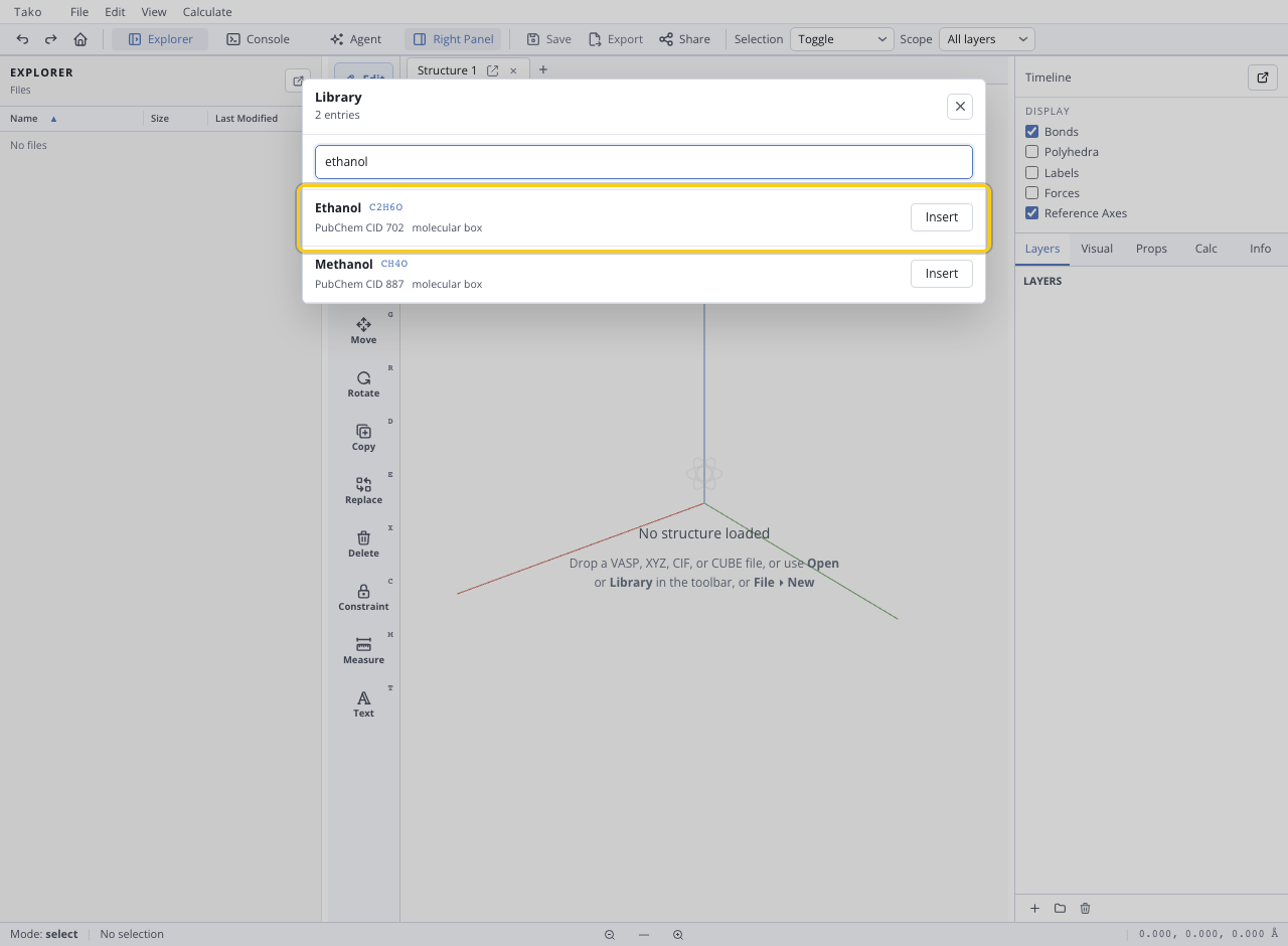 Tako Library showing the filtered Ethanol result