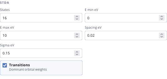 sTDA controls showing state count, spectrum energy interval, grid spacing, Gaussian sigma, and dominant-transition output