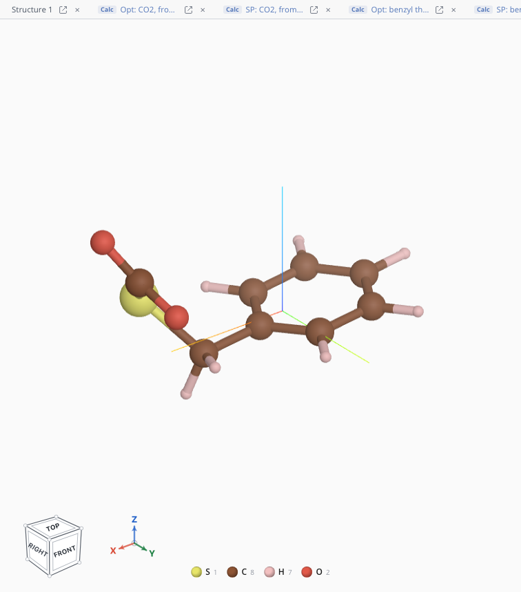 The optimized benzyl monothiocarbonate adduct. The thiolate sulfur has added across a C=O of CO2, forming the ~1.8 Å S–C bond that joins it to the carbon and its two carboxylate oxygens — the geometry survives relaxation, so this is a bonded adduct, not a loose contact pair.