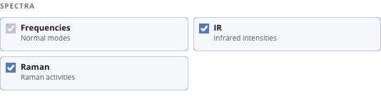 Spectra controls showing mandatory frequencies and optional IR and Raman response