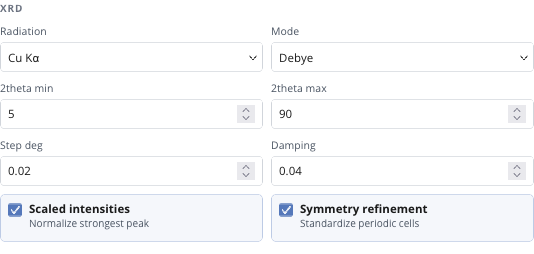 Debye XRD controls showing the sampled angular grid and damping field while scaling and symmetry switches remain visible