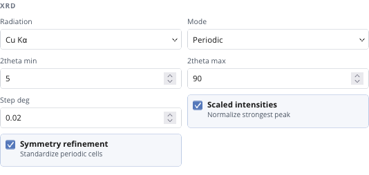 Periodic XRD controls showing radiation, angular range, nominal step, scaling, and symmetry refinement